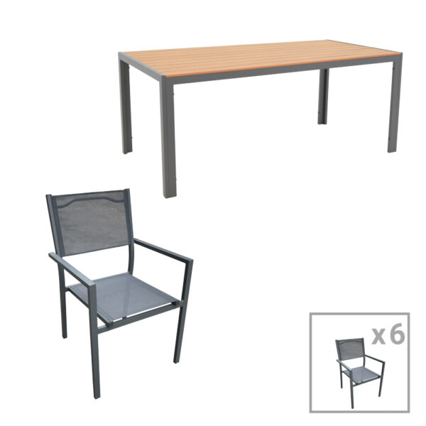 Αγόρασε Tραπεζαρία Nares-Moly pakoworld σετ 7τεμ ανθρακί αλουμίνιο και φυσικό plywood 180x90x72.5εκ σε μοναδική τιμή στο clickforshop.gr