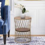 Τραπεζάκι βοηθητικό Jaspin Megapap μεταλλικό - Mdf χρώμα χρυσό - καρυδί 32x32x44εκ. - Image 2